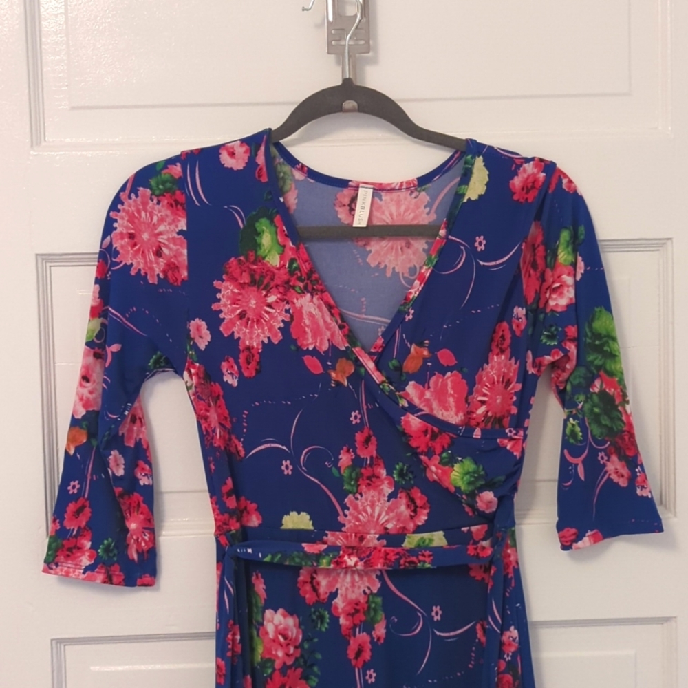 sz S Maternity Blue & Pink PinkBlush floral maxi dress v neck sash waist, small
